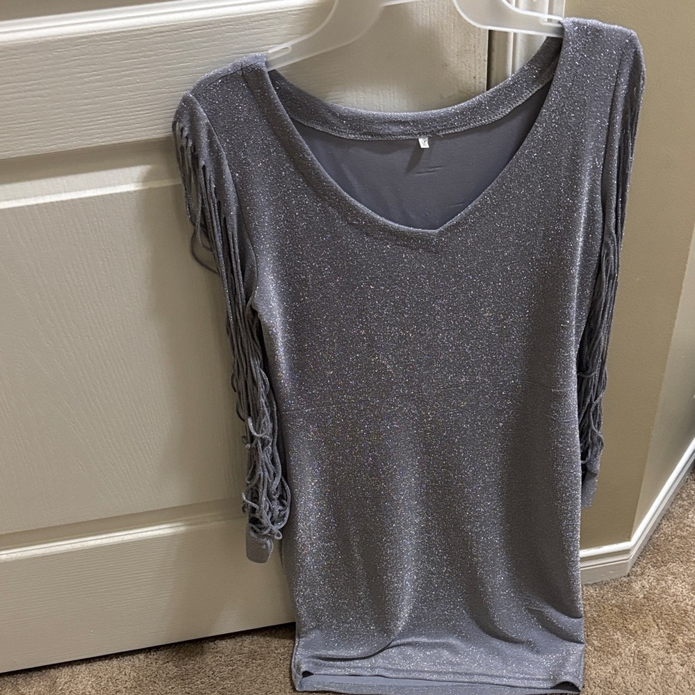 Sparkling Gray Dress with Fringe Sleeves